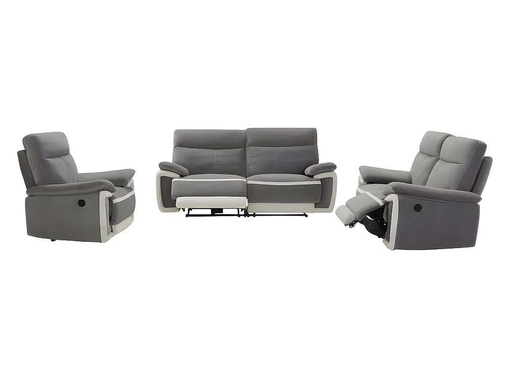Estore para Janela Sofás 3 e 2 lugares e poltrona articulados elétricos - veludo cinza e faixas branco METTI