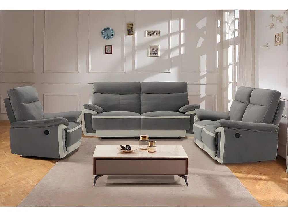 Estore para Janela Sofás 3 e 2 lugares e poltrona articulados elétricos - veludo cinza e faixas branco METTI