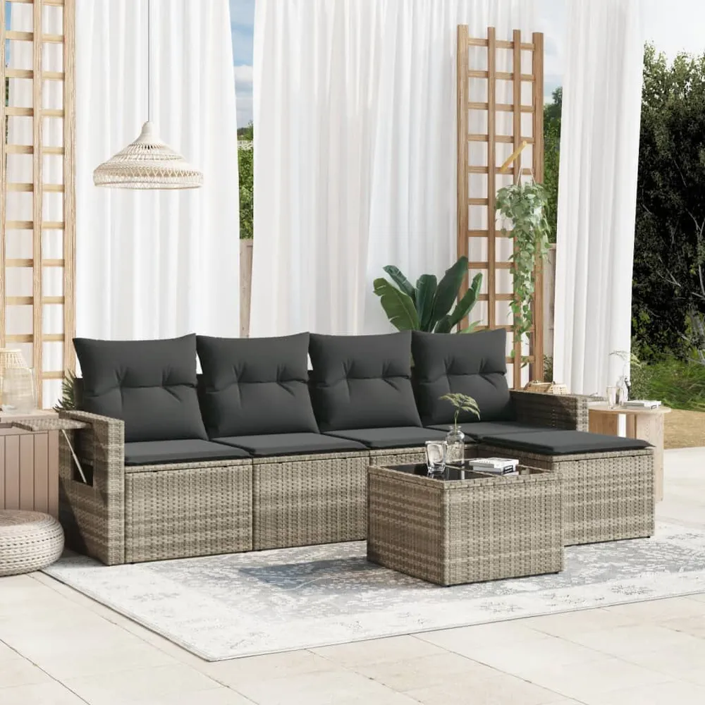 Gancho de Parede 6 pcs conj. sofás jardim com almofadões vime PE cinzento-claro