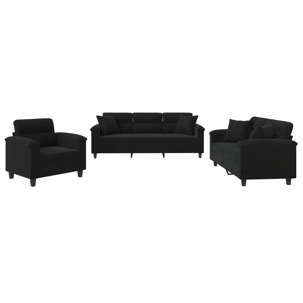 Gancho de Parede 3 pcs conjunto sofás com almofadas tecido de microfibra preto