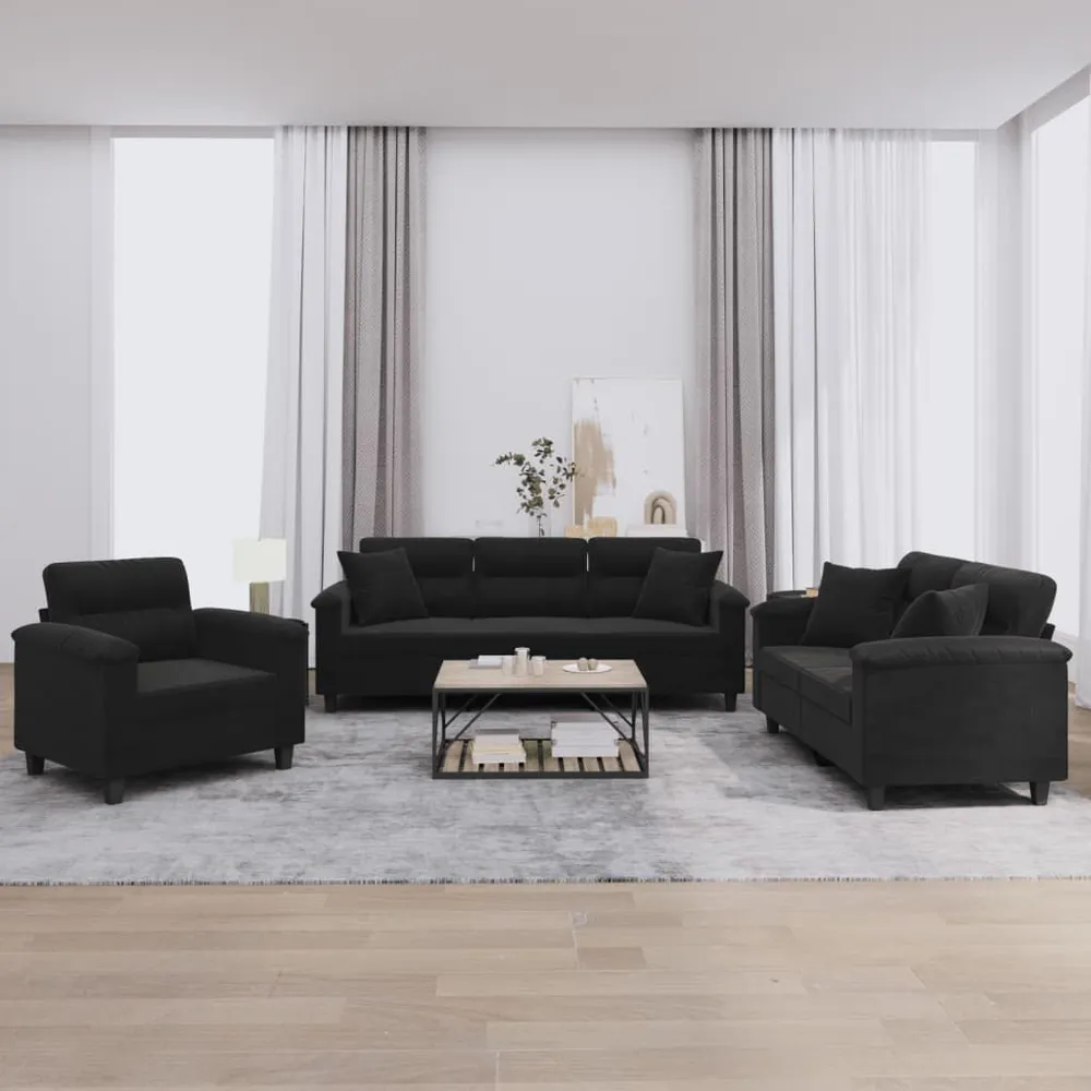 Gancho de Parede 3 pcs conjunto sofás com almofadas tecido de microfibra preto