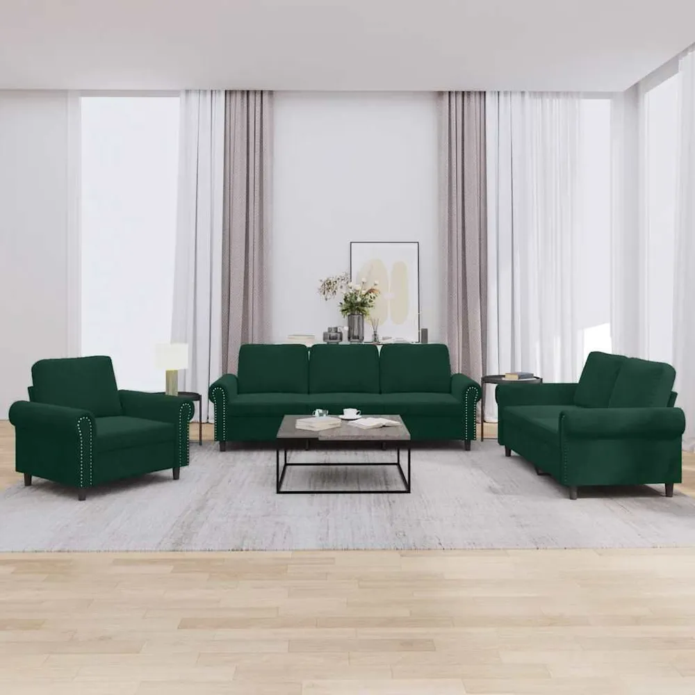 Gancho de Parede 3 pcs conjunto de sofás com almofadões veludo verde-escuro