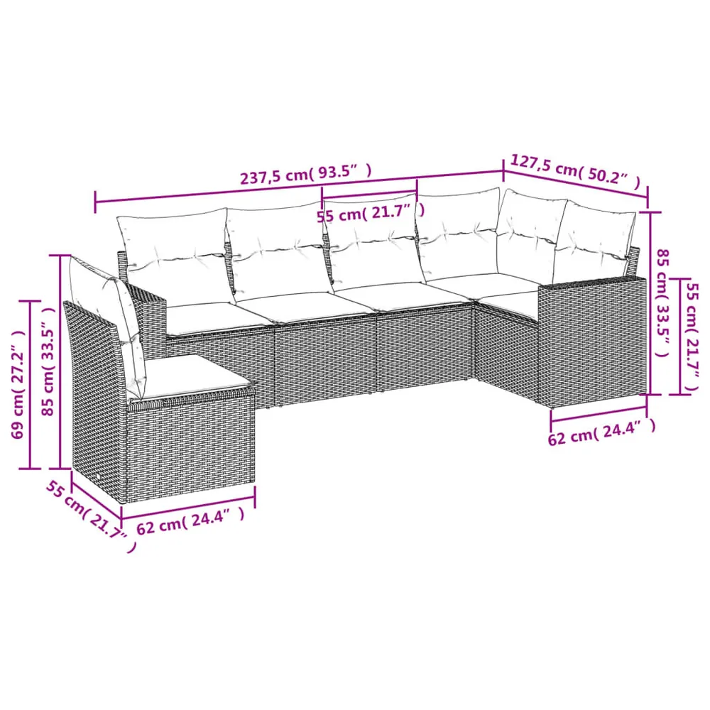Gancho de Parede 6 pcs conjunto sofás de jardim com almofadões vime cinzento