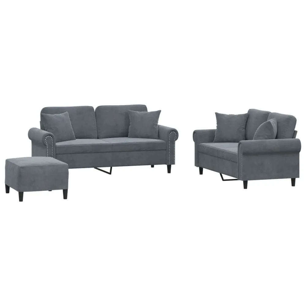 Iluminação LED 3 pcs conjunto de sofás com almofadas veludo cinzento-escuro