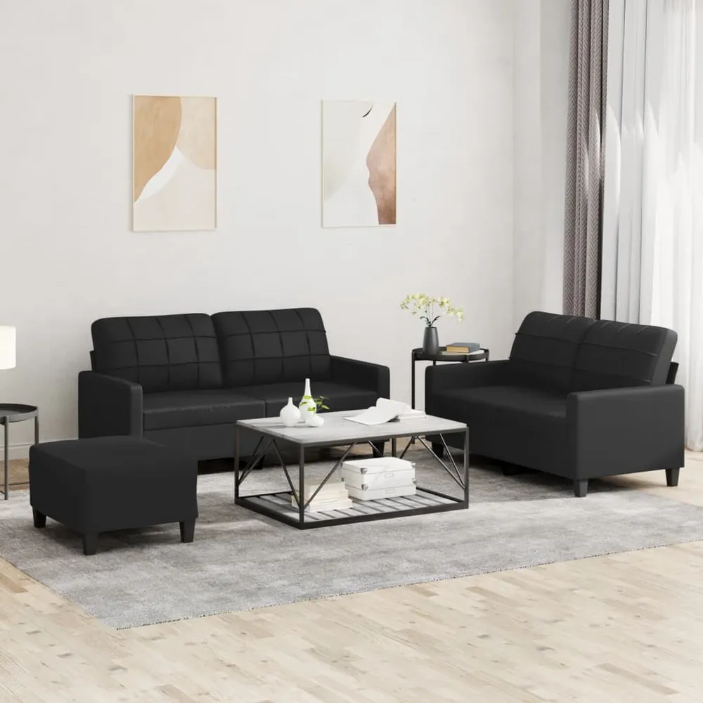 Iluminação LED 3 pcs conjunto de sofás com almofadões couro artificial preto