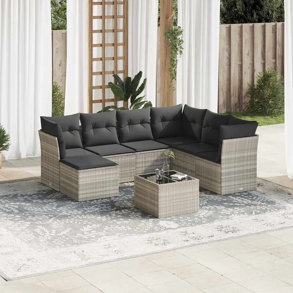 8 pcs conj. sofás jardim com almofadões vime PE cinzento-claro com 6 Ganchos Incluídos