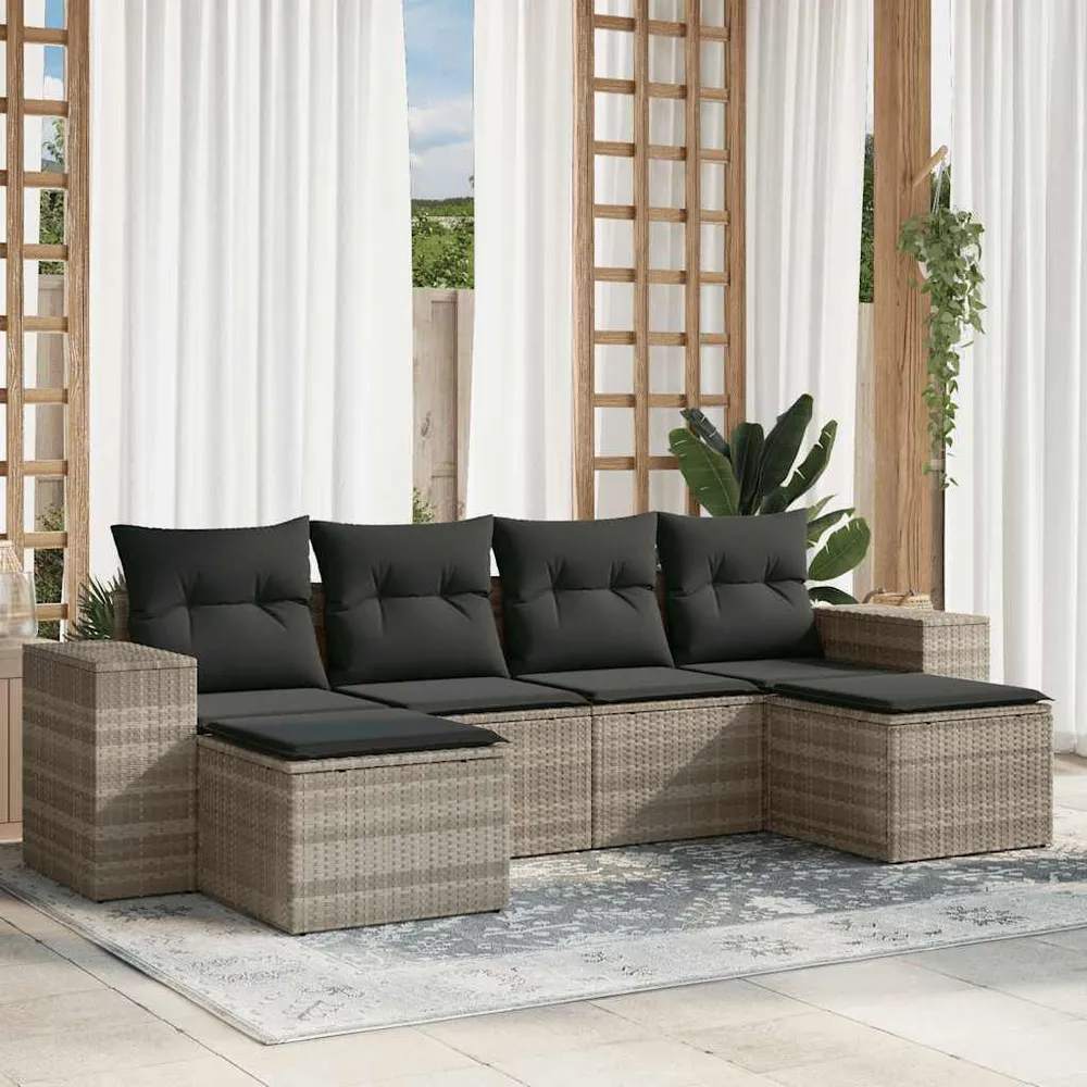 6 pcs conj. sofás jardim com almofadões vime PE cinzento-claro com Certificação de Seguranç