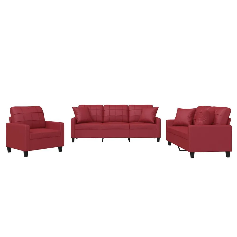 3 pcs conjunto sofás com almofadas couro artif. vermelho tinto em Madeira Compensada