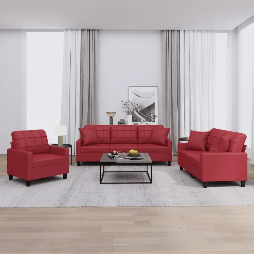 3 pcs conjunto sofás com almofadas couro artif. vermelho tinto em Madeira Compensada