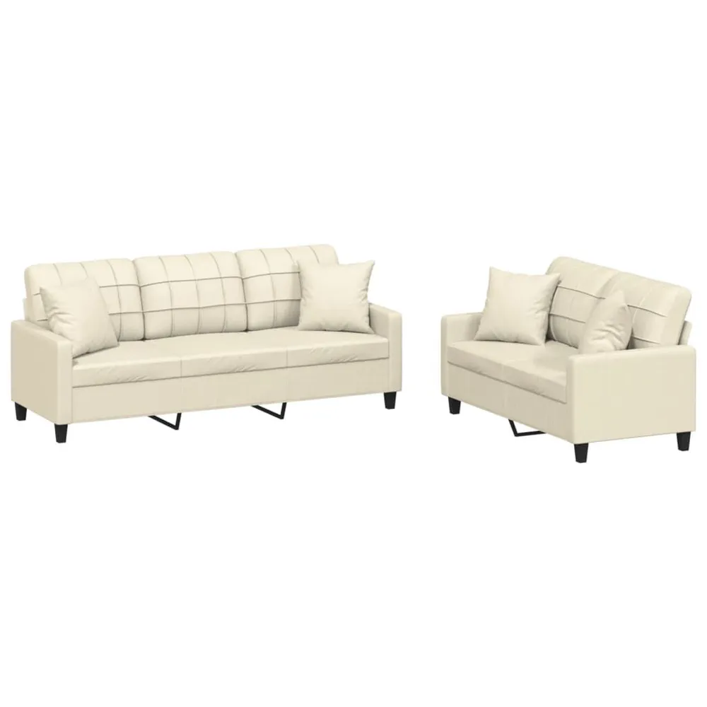 2 pcs conjunto de sofás com almofadas couro artificial creme (Kit Completo)