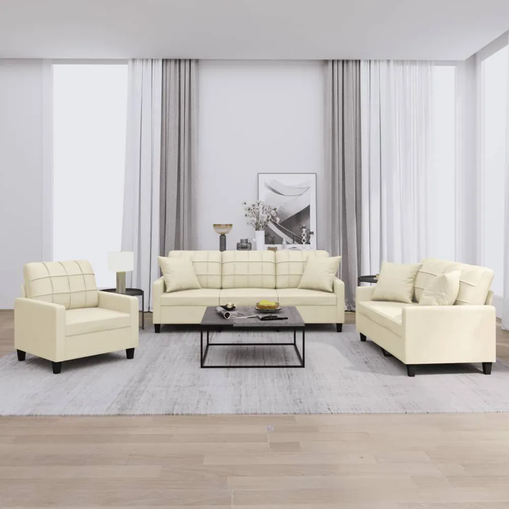 3 pcs conjunto de sofás com almofadas couro artificial creme (Kit Completo)
