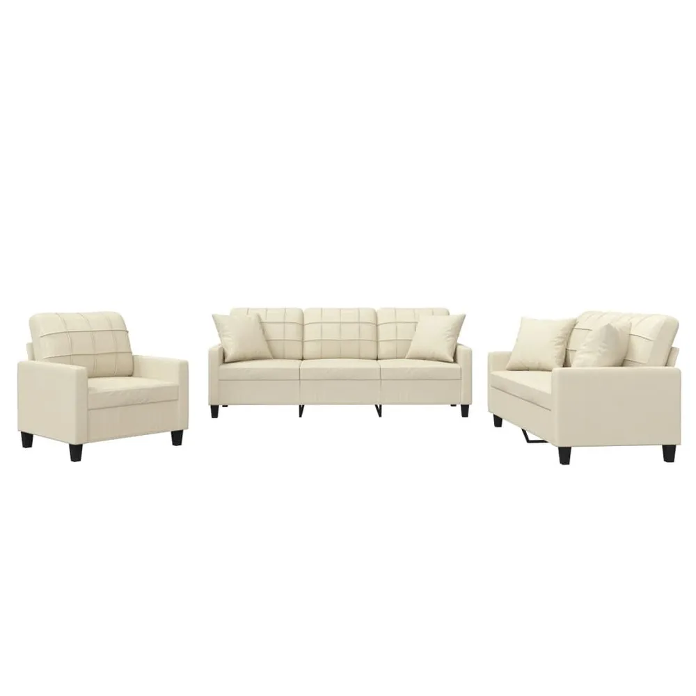 3 pcs conjunto de sofás com almofadas couro artificial creme (Kit Completo)