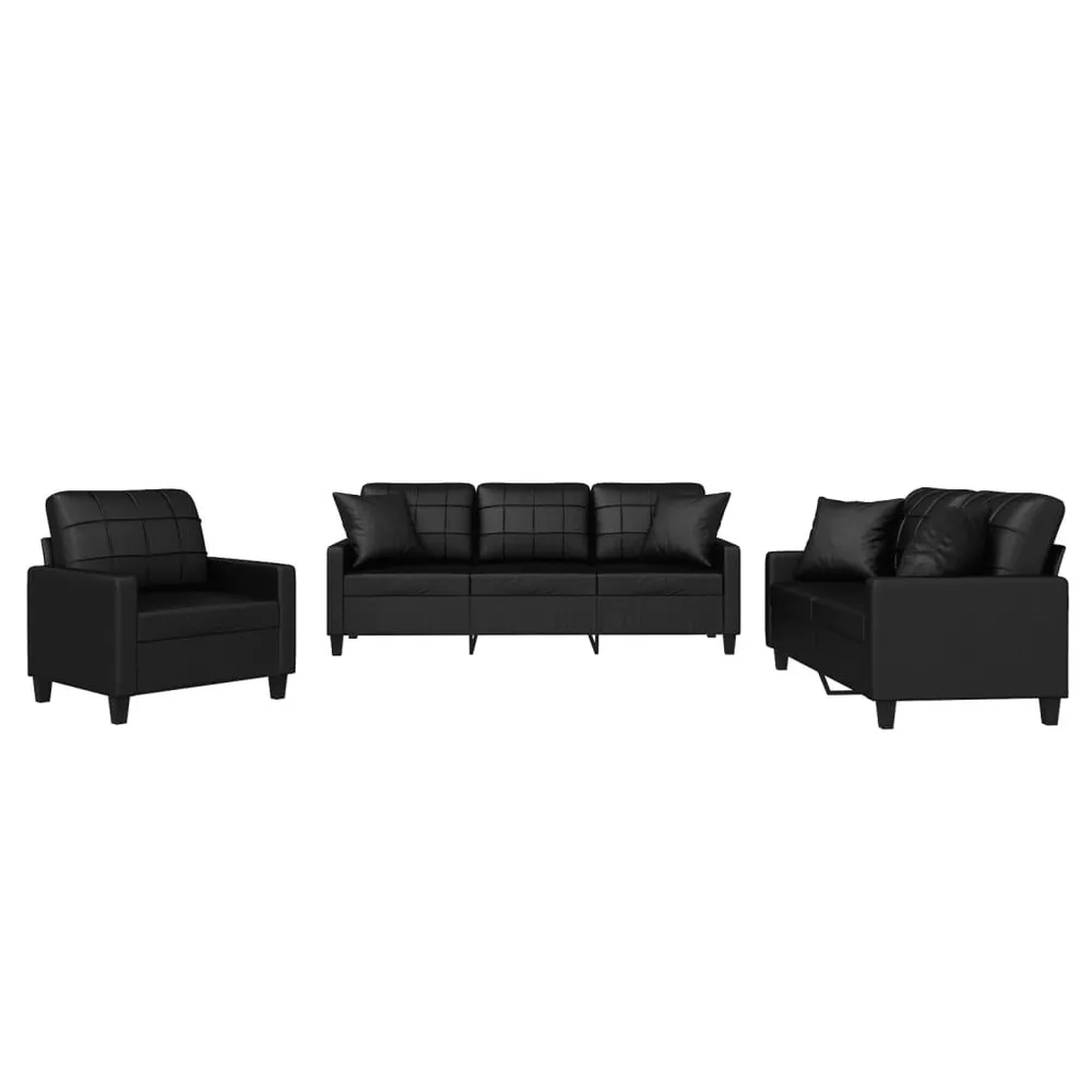 3 pcs conjunto de sofás com almofadas couro artificial preto com Tecido Resistente