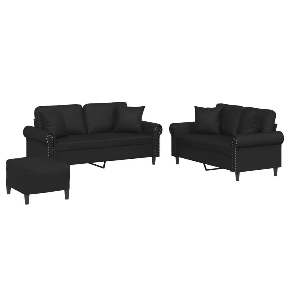 3 pcs conjunto de sofás com almofadas couro artificial preto com Fixação Magnética