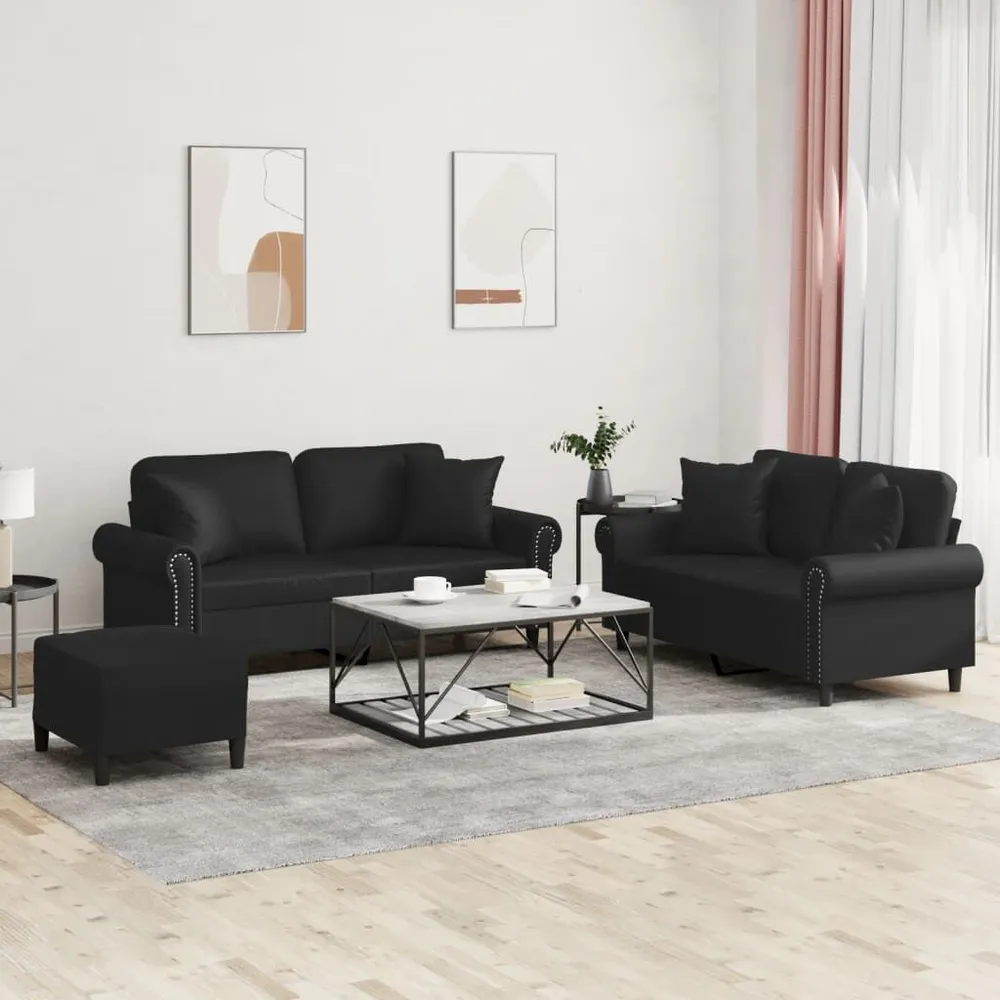 3 pcs conjunto de sofás com almofadas couro artificial preto com Fixação Magnética