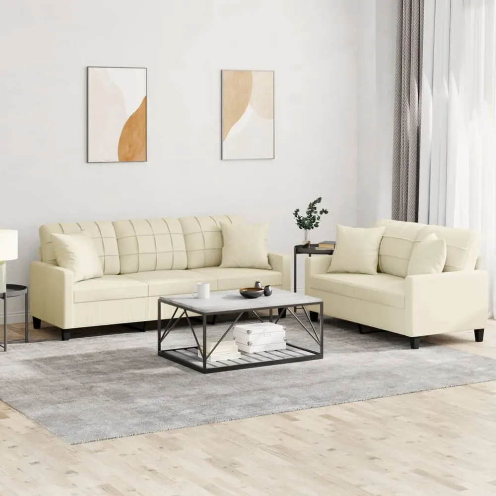 2 pcs conjunto de sofás com almofadas couro artificial creme (Kit Completo)