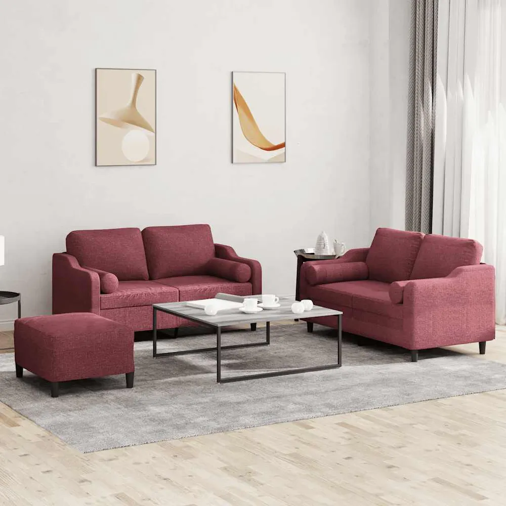 3 pcs conjunto de sofás com almofadas tecido vermelho-tinto com Luz LED Integrada