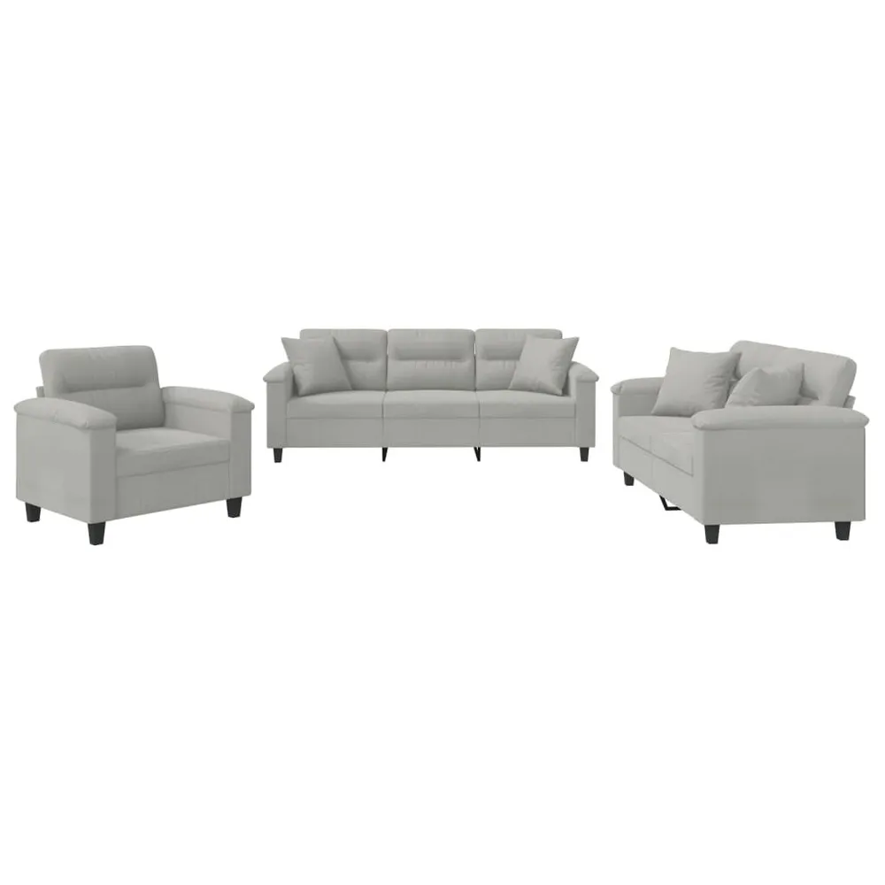 3 pcs conjunto sofás com almofadas tecido microfibra cinza-claro em Madeira Compensada
