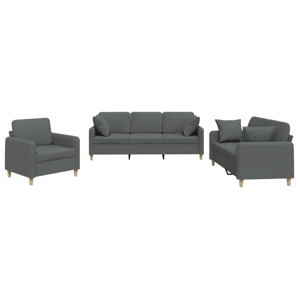 3 pcs conjunto de sofás com almofadas tecido cinzento-escuro com Tecido Resistente