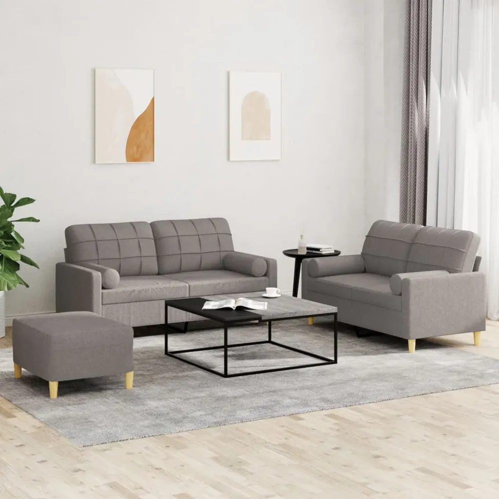 3 pcs conjunto de sofás com almofadas tecido cinza-acastanhado | Fácil Limpeza |