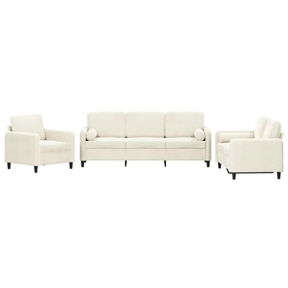 3 pcs conjunto de sofás com almofadas veludo cor creme com Fita Autocolante