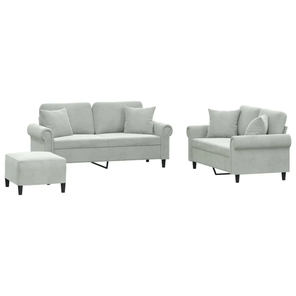 3 pcs conjunto de sofás com almofadas veludo cinzento-claro com Luz LED Integrada