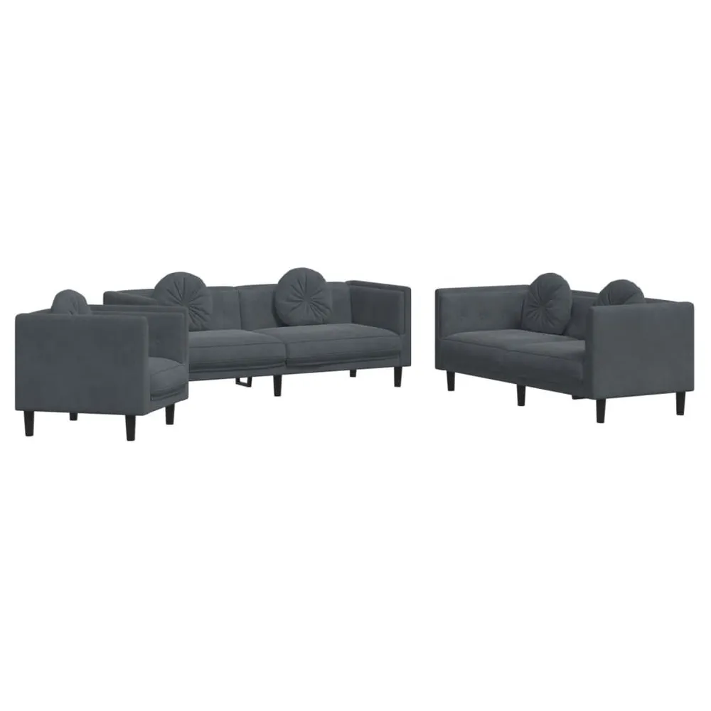 3 pcs conjunto de sofás com almofadas veludo cinzento-escuro | Fácil Limpeza |
