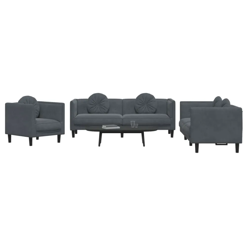 3 pcs conjunto de sofás com almofadas veludo cinzento-escuro | Fácil Limpeza |
