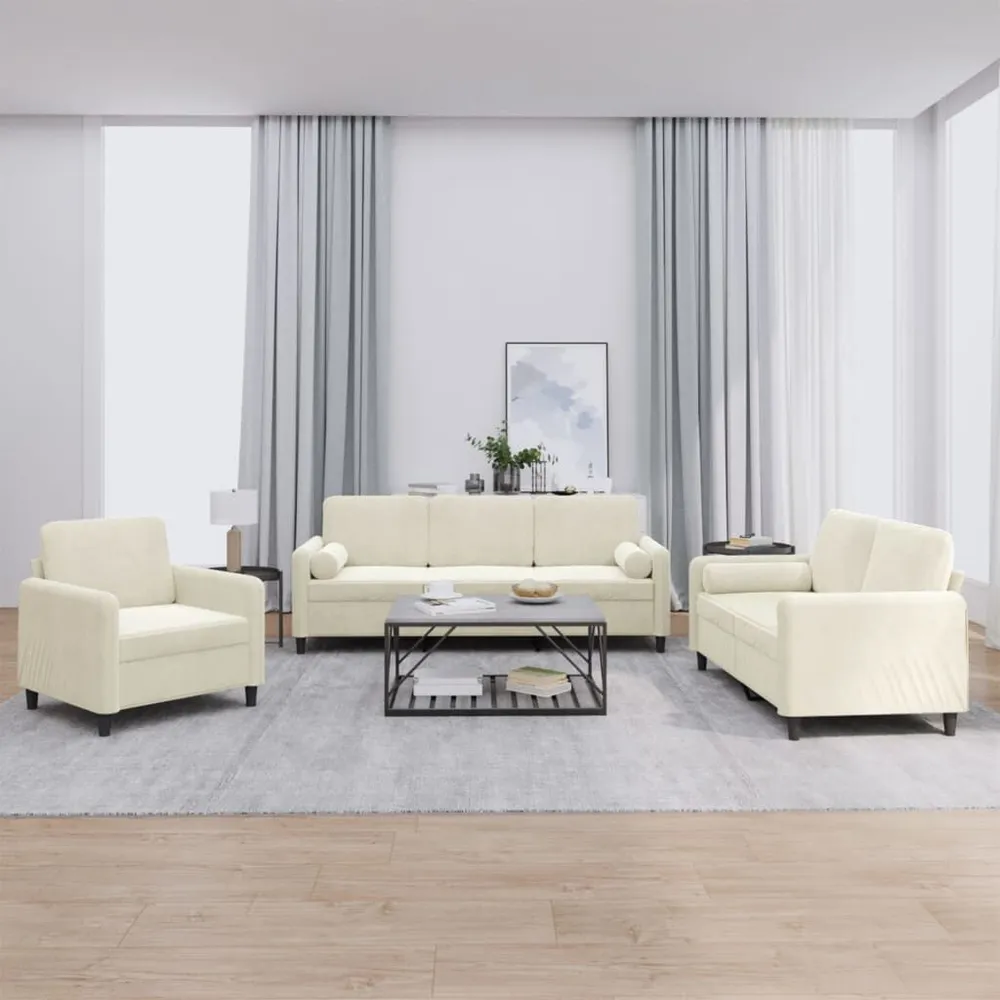 3 pcs conjunto de sofás com almofadas veludo cor creme com Fita Autocolante