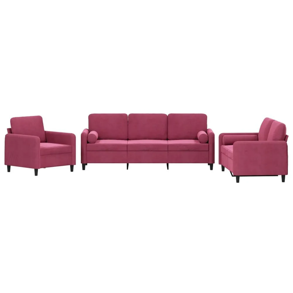 3 pcs conjunto de sofás com almofadas veludo vermelho-tinto em Madeira Compensada