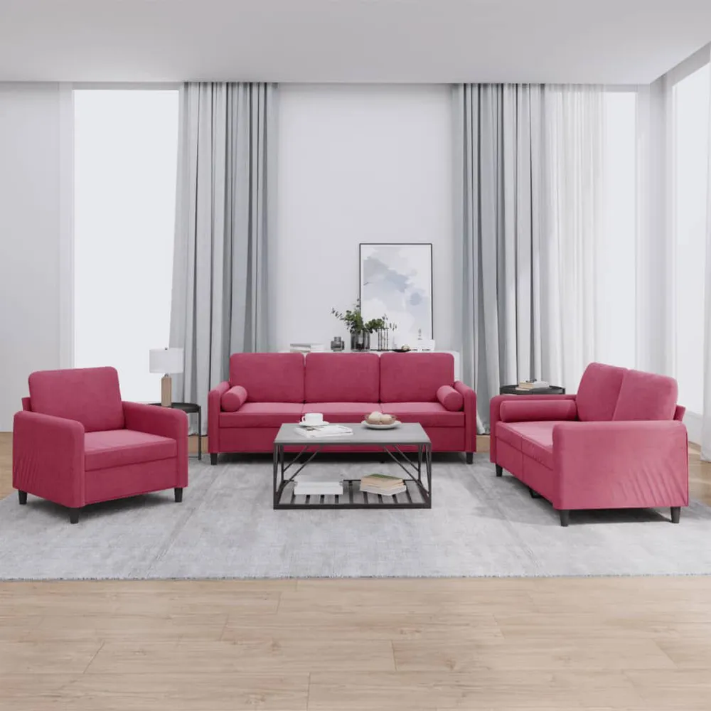 3 pcs conjunto de sofás com almofadas veludo vermelho-tinto em Madeira Compensada
