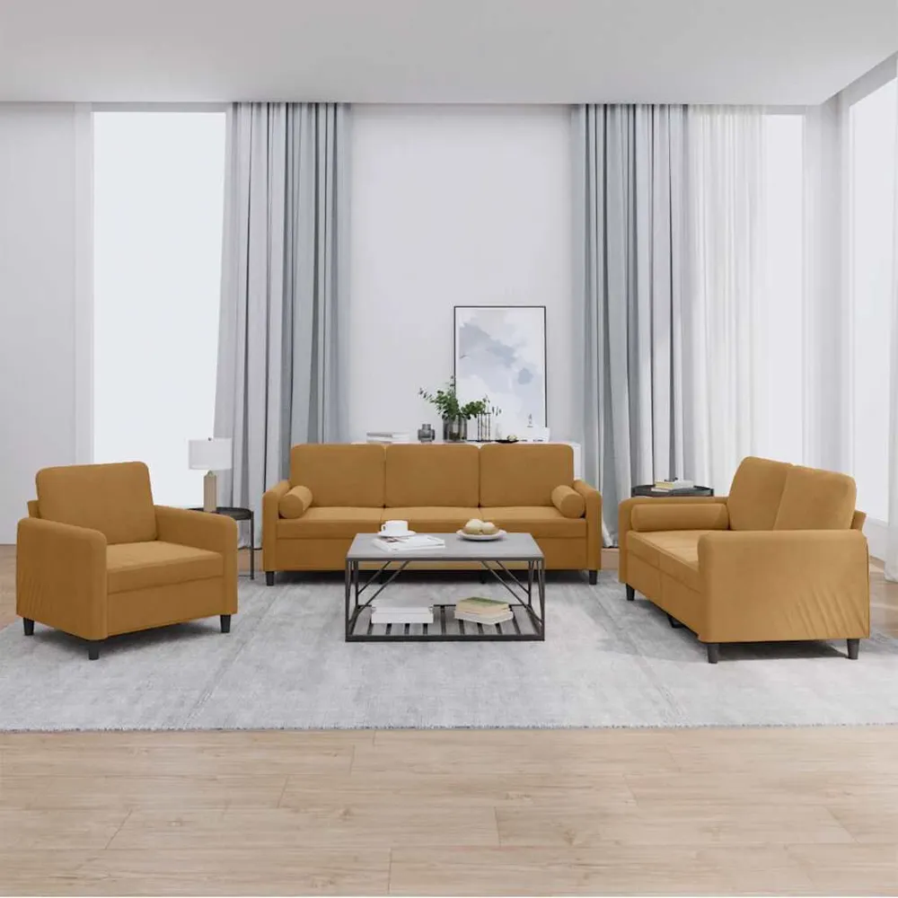 3 pcs conjunto de sofás com almofadas veludo castanho com Dimensões Ajustáveis