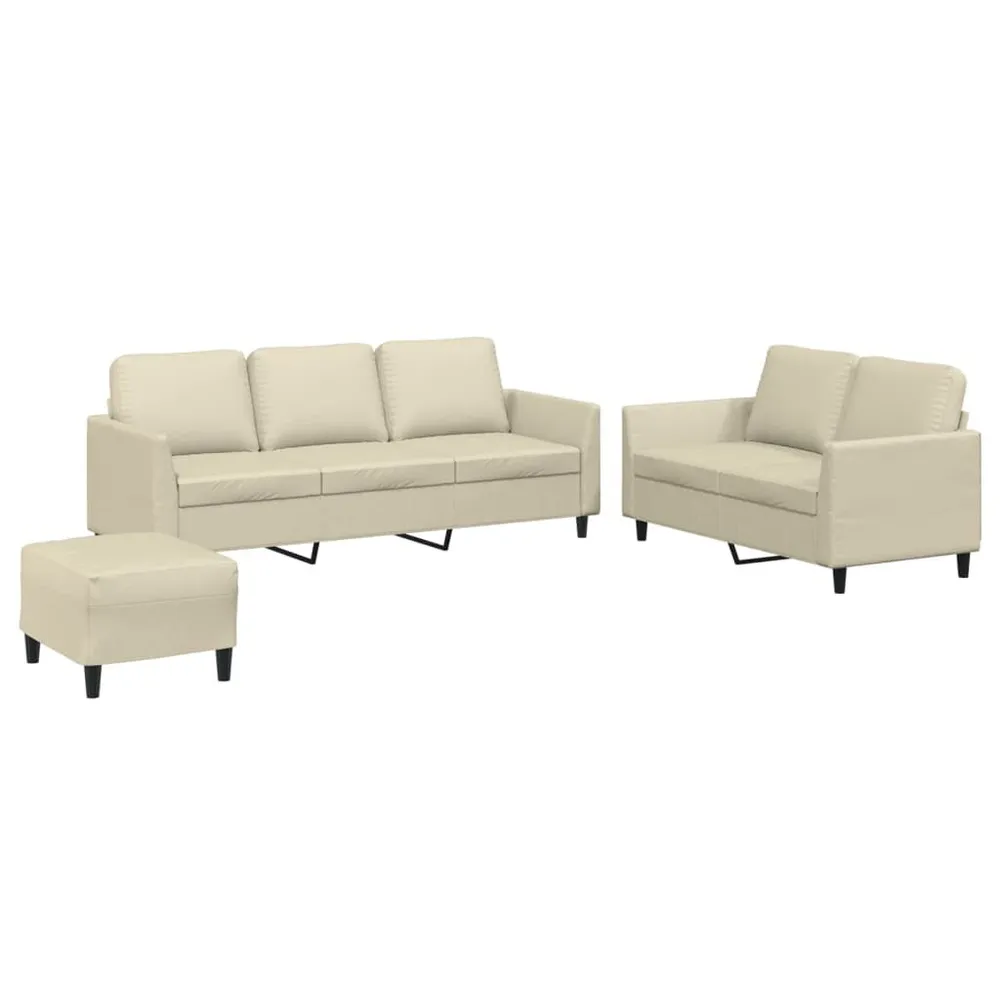 3 pcs conjunto sofás com almofadões couro artificial cor creme em Cinza Carvão
