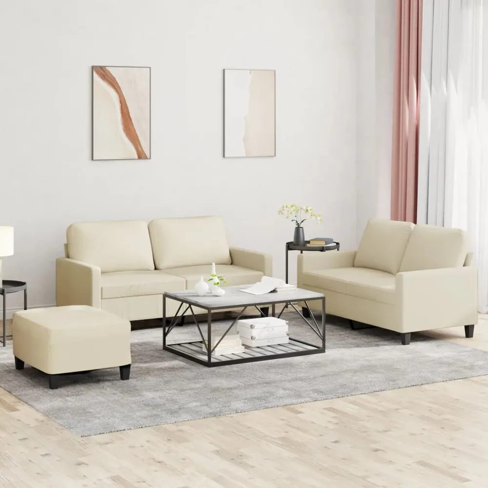 3 pcs conjunto sofás com almofadões couro artificial cor creme para Organização