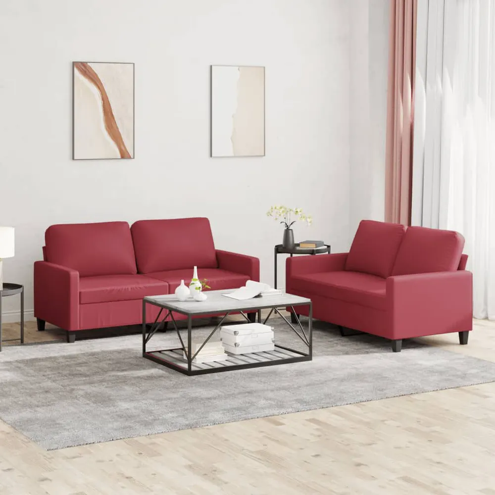 2 pcs conjunto sofás com almofadões couro artif. vermelho tinto com Fita Autocolante