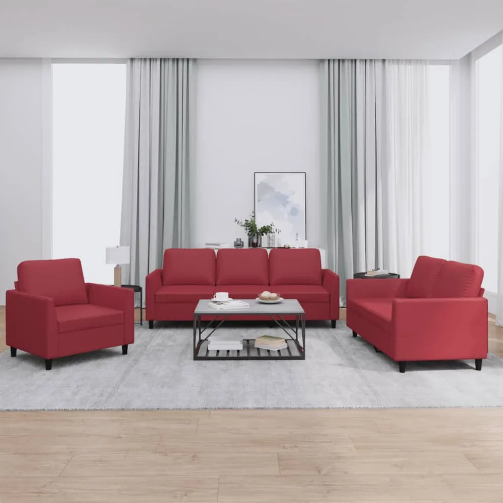 3 pcs conjunto sofás com almofadões couro artif. vermelho tinto com Luz LED Integrada