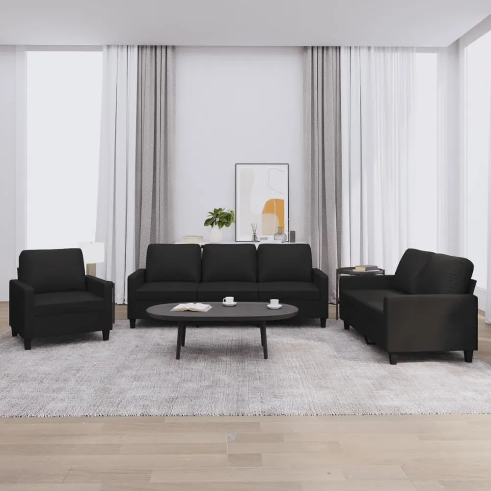 3 pcs conjunto de sofás com almofadões couro artificial preto em Cinza Carvão