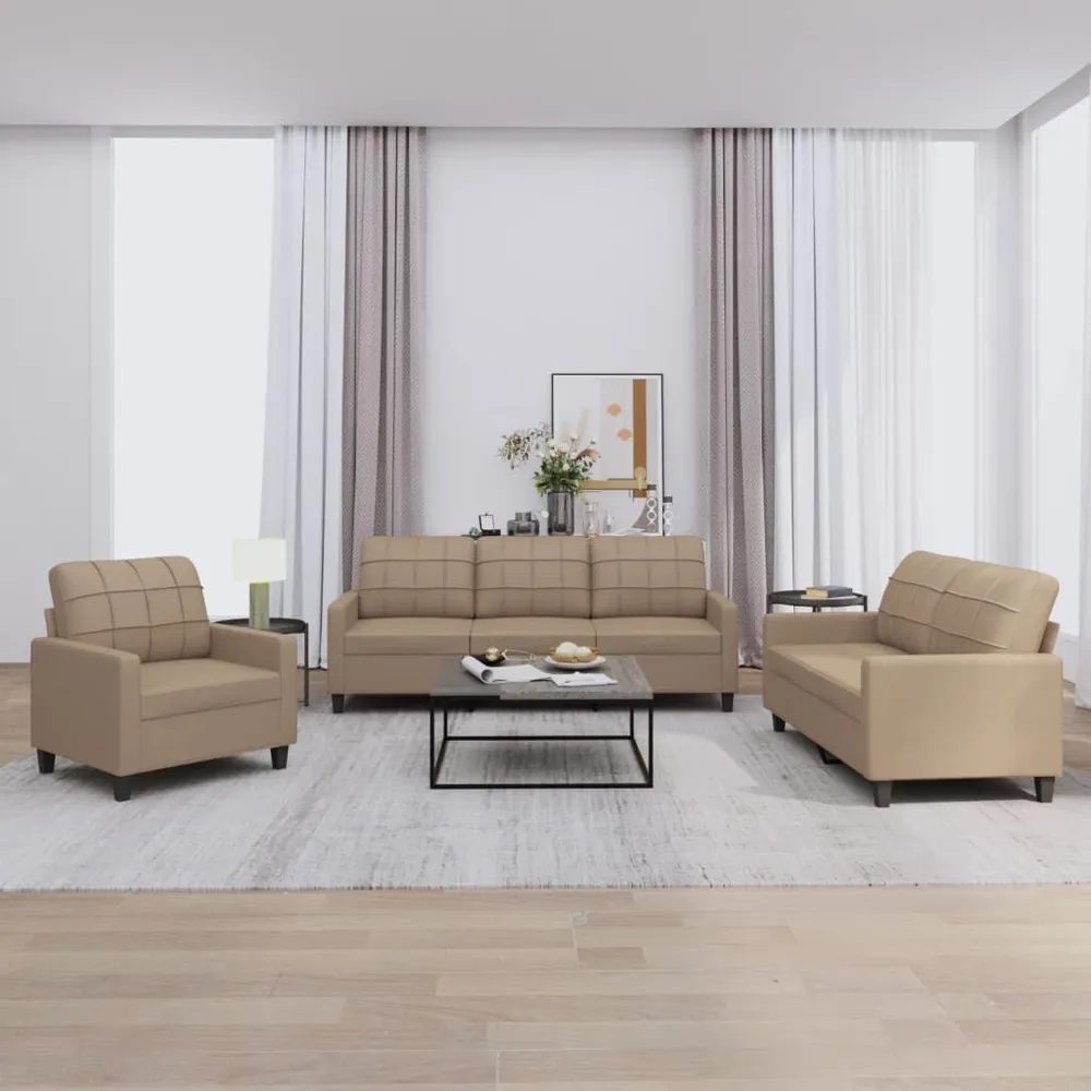 3 pcs conjunto sofás com almofadões couro artificial cappuccino em Madeira Compensada