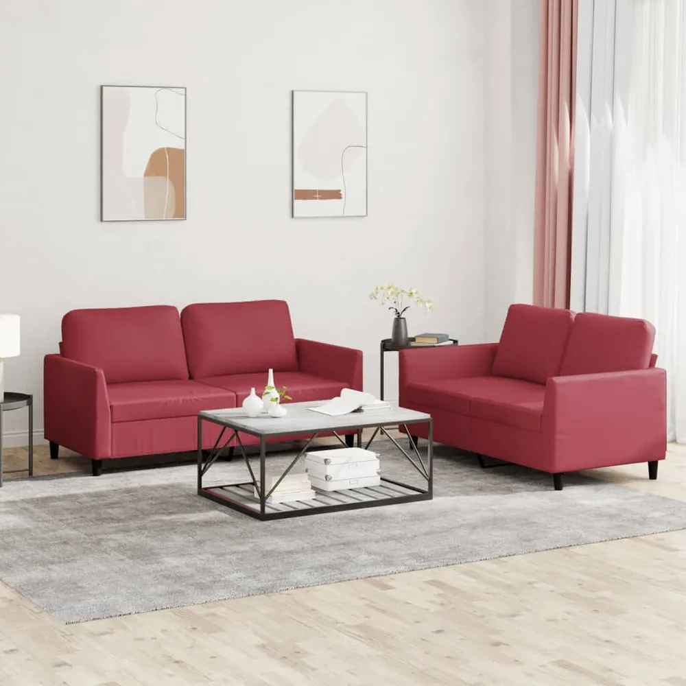 2 pcs conjunto sofás com almofadões couro artif. vermelho tinto em Madeira Compensada