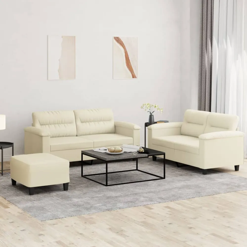 3 pcs conjunto sofás com almofadões couro artificial cor creme para Organização