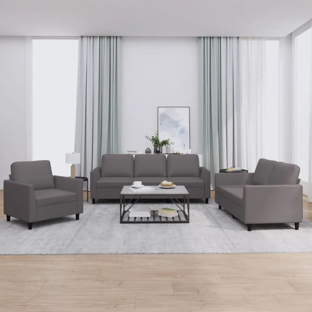 3 pcs conjunto de sofás com almofadões couro artificial cinzento com Fita Autocolante