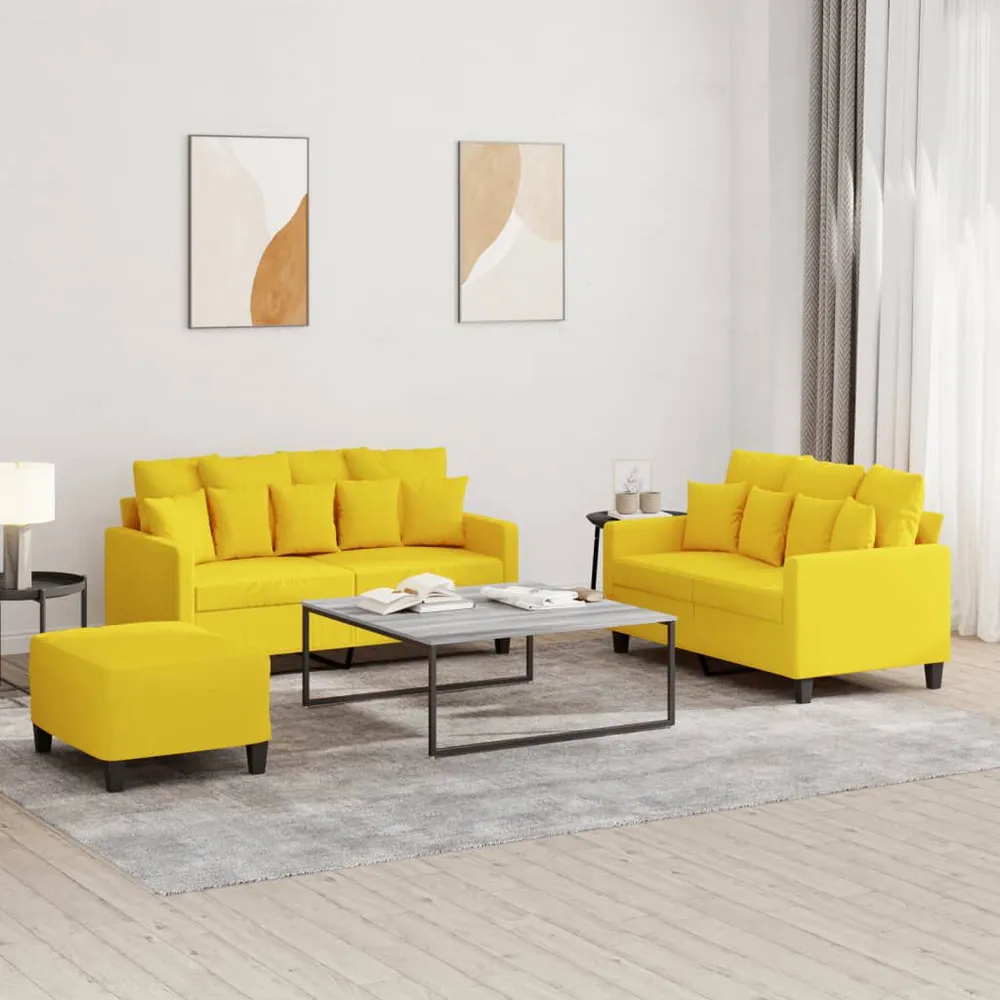3 pcs conjunto de sofás com almofadões tecido amarelo-claro em Cinza Carvão