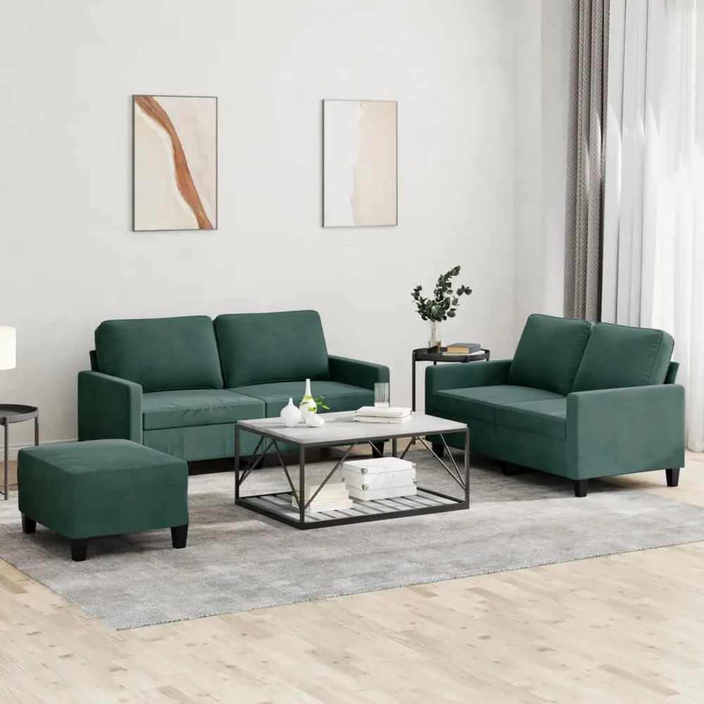 3 pcs conjunto de sofás com almofadões veludo verde-escuro | Fácil Limpeza |