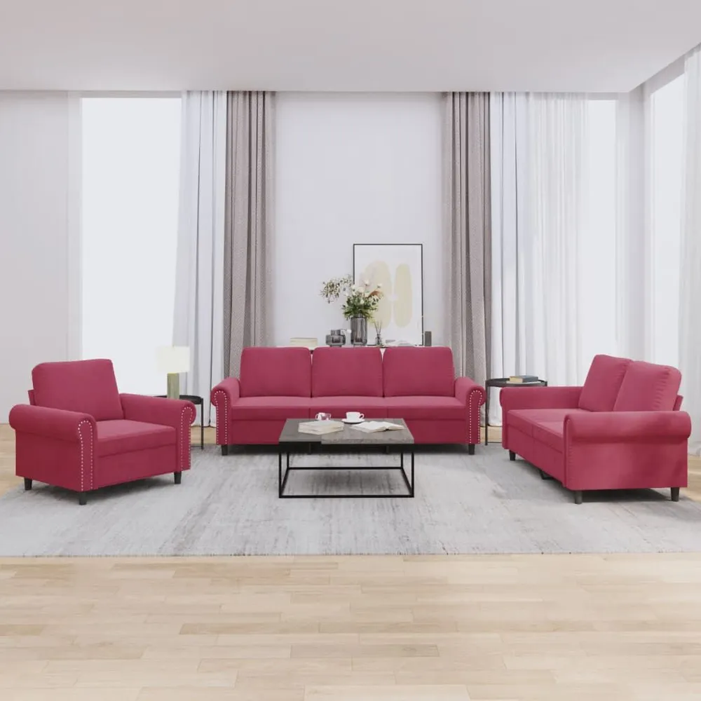3 pcs conjunto de sofás com almofadões veludo vermelho tinto com 6 Ganchos Incluídos