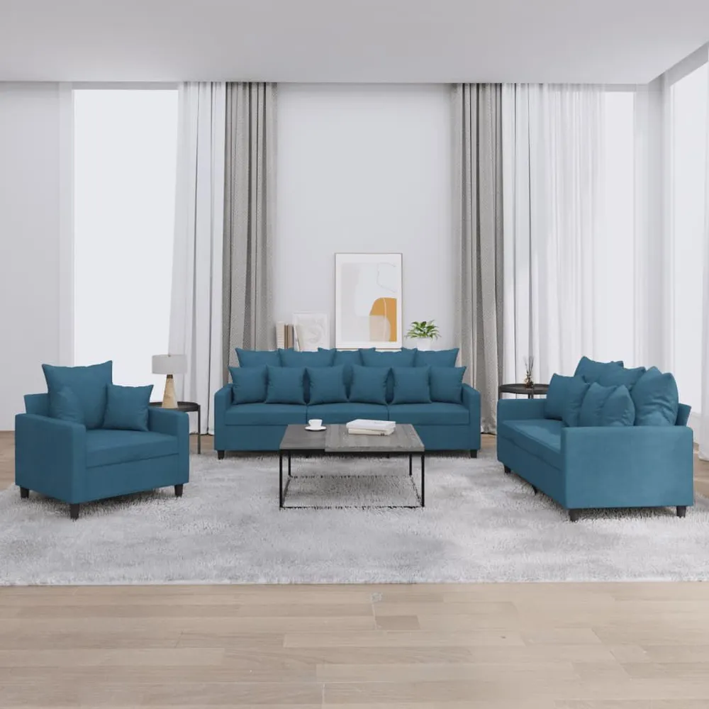 3 pcs conjunto de sofás com almofadões veludo azul em Madeira Compensada