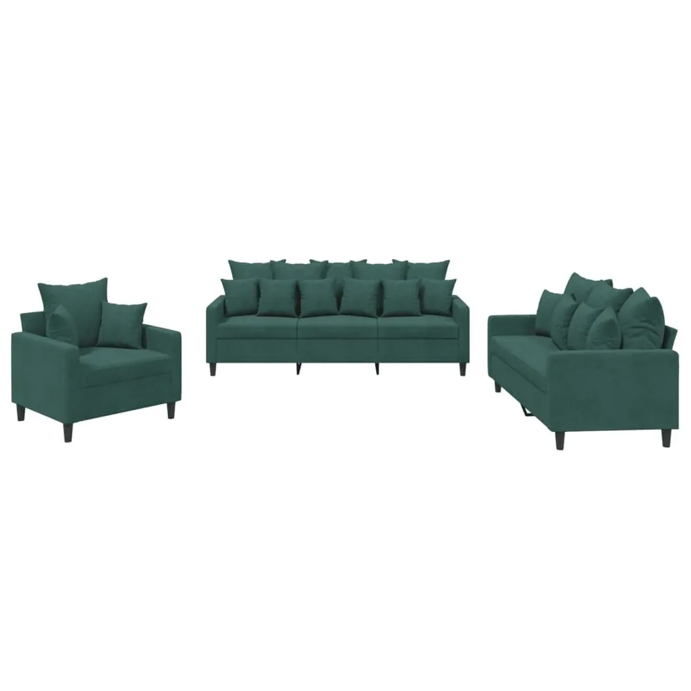 3 pcs conjunto de sofás com almofadões veludo verde-escuro com 6 Ganchos Incluídos