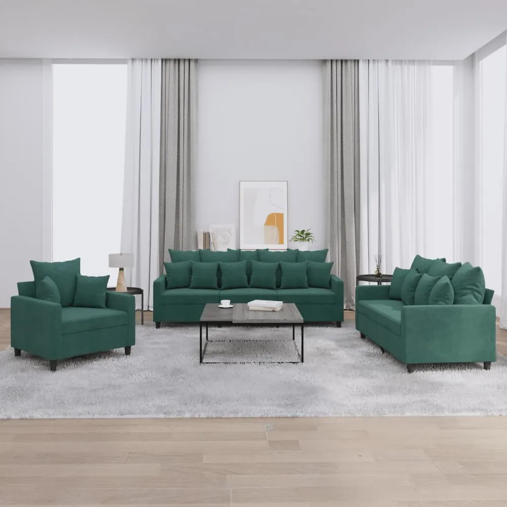 3 pcs conjunto de sofás com almofadões veludo verde-escuro com 6 Ganchos Incluídos