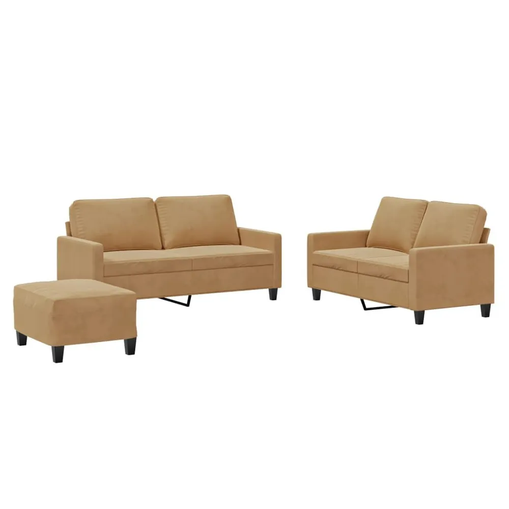3 pcs conjunto de sofás com almofadões veludo castanho com Fita Autocolante