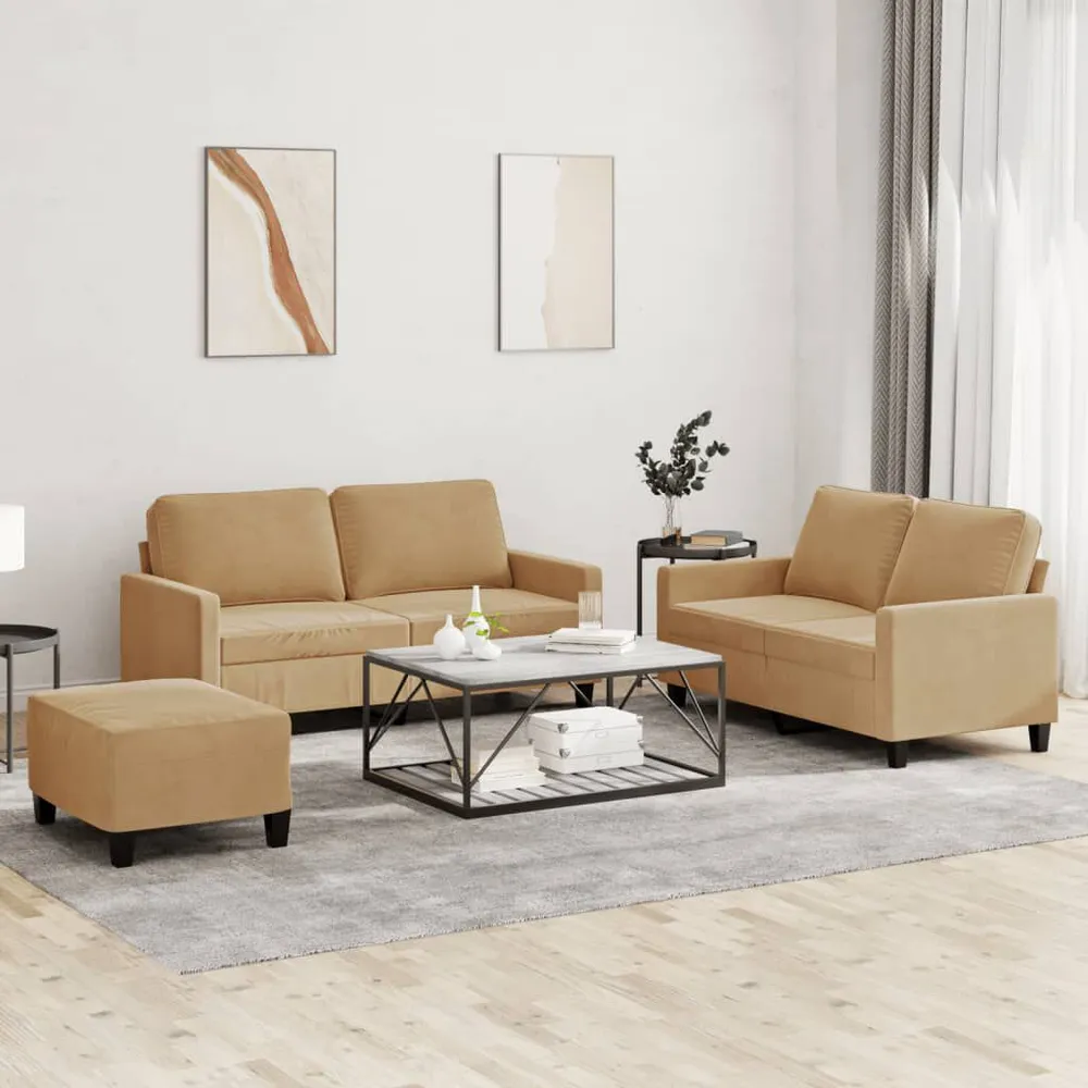 3 pcs conjunto de sofás com almofadões veludo castanho com Fita Autocolante