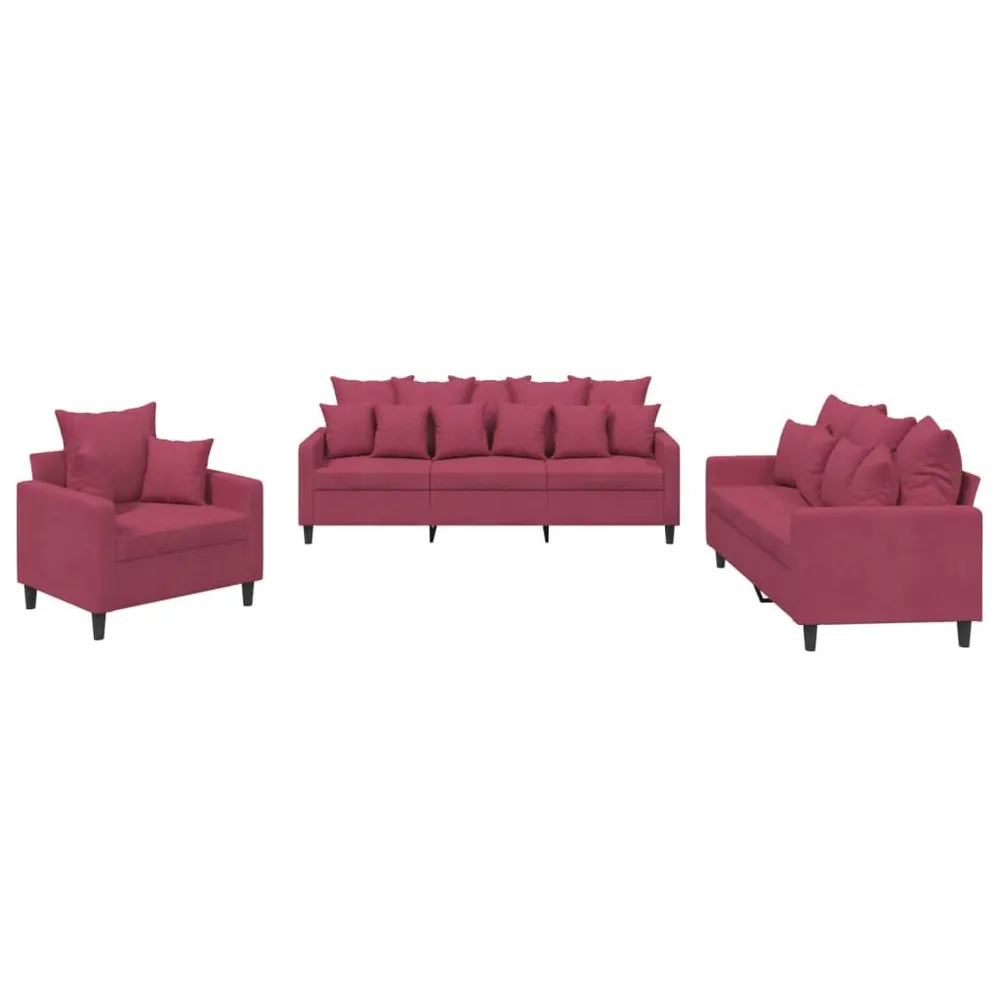 3 pcs conjunto de sofás com almofadões veludo vermelho tinto para Organização